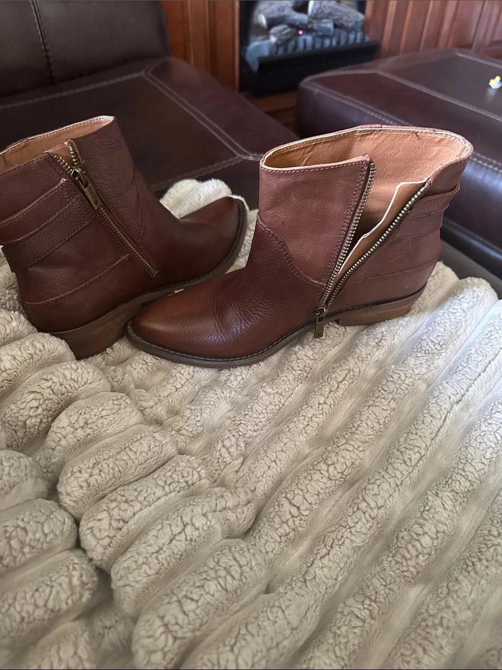 Lucky Brand Carolyn Women’s Brown Leather Ankle Boots with Buckle Detail